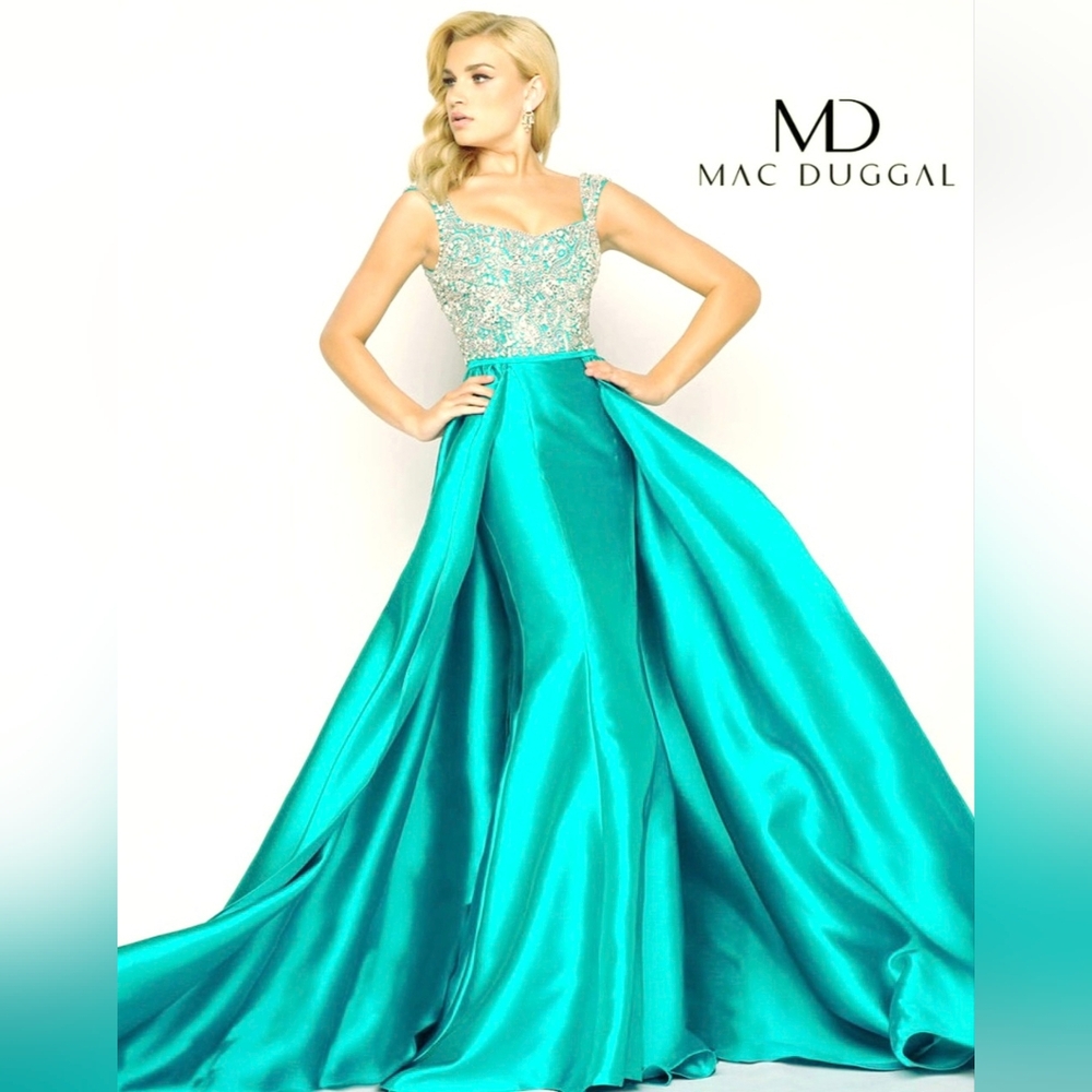 Mac Duggal Teal Satin Ball Gown with Beaded Bodice